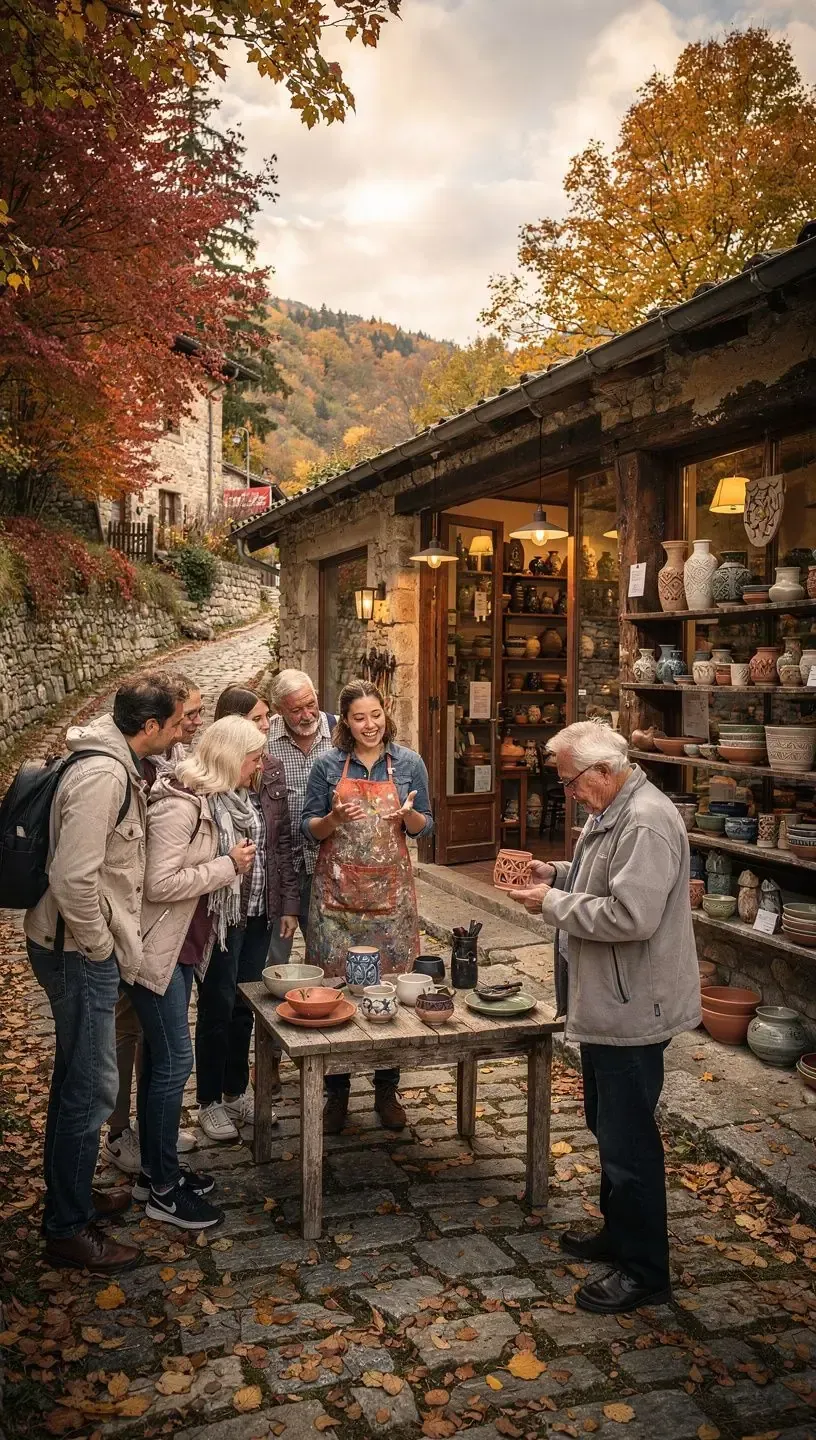 Typische Dorfstraße mit alten Häusern, bunten Fensterläden und einem kleinen Brunnen im Zentrum