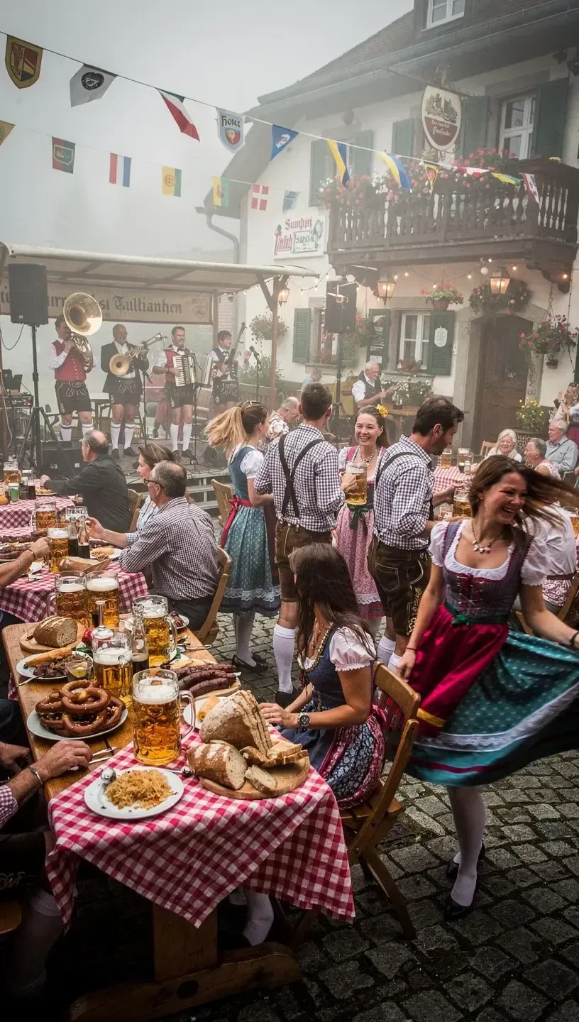 Abendliche Beleuchtung eines kleinen deutschen Dorfplatzes mit Fachwerkhäusern und einer einladenden Atmosphäre