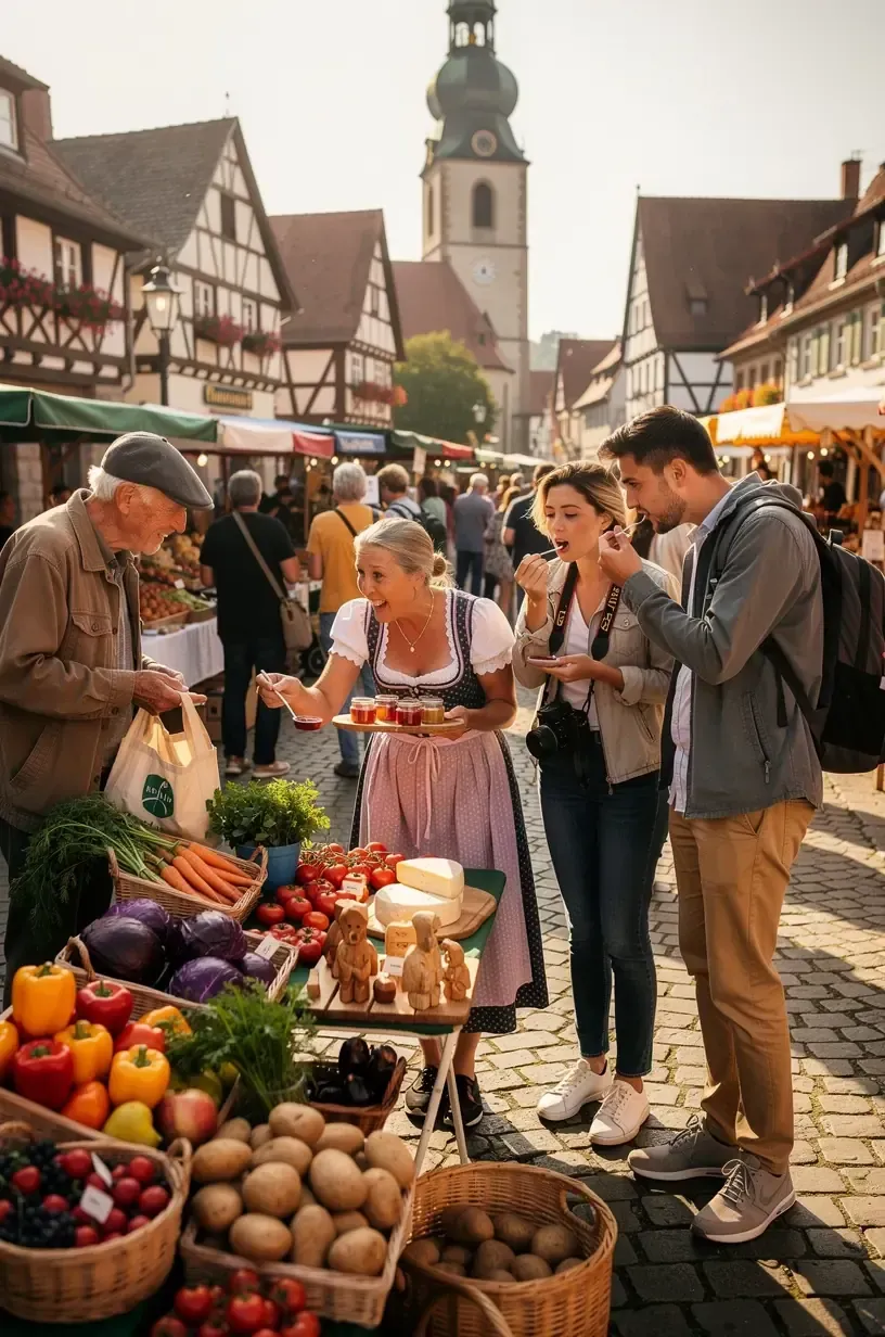 Panoramablick auf ein malerisches kleines deutsches Dorf mit Fachwerkhäusern und grüner Landschaft