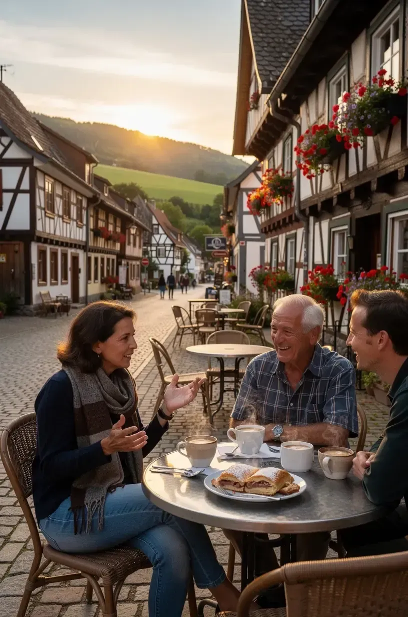 Wanderer erkunden einen schmalen Pfad durch einen dichten deutschen Wald nahe eines abgelegenen Dorfes